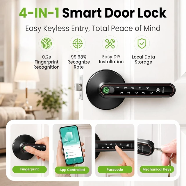 Alt view image 2 of 7 - 4-in-1 Smart Fingerprint Door Lock Knob, V2.0