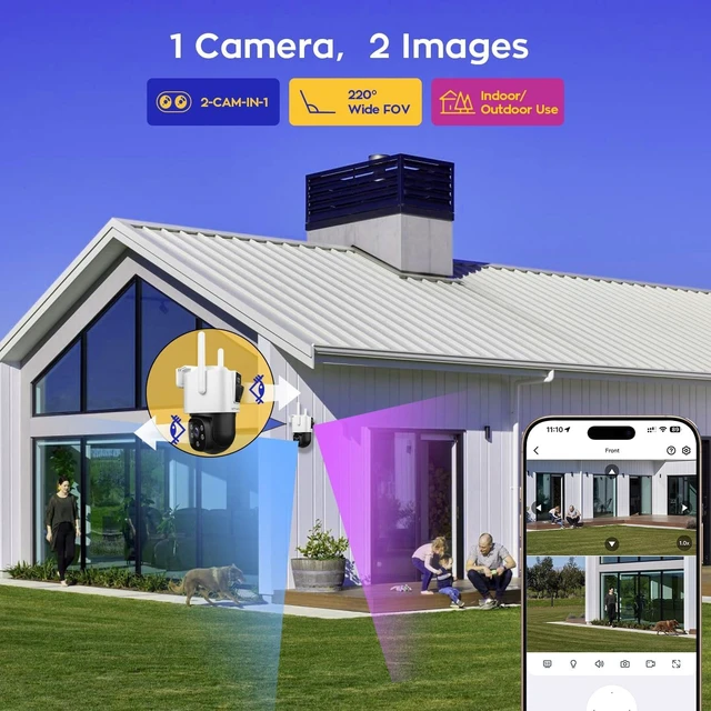 Alt view image 3 of 7 - 4MP Dual Lens 2-View WiFi Home Security Camera Indoor/Outdoor, 2 Pack