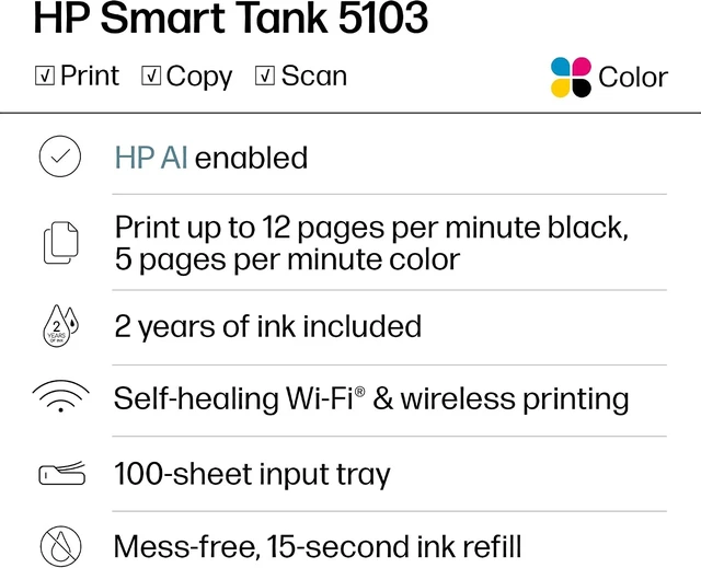 Alt view image 6 of 7 - Smart Tank 5103 Wireless All-in-One Ink Tank Printer, 2 Years of Ink, 100 Sheets of Photo Paper Included, Cartridge-Free, Refillable, AI-Enabled (5D1B2A)