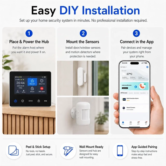 Alt view image 6 of 7 - GEN 2 Wireless Home Security System, 16-Piece DIY Alarm Kit with WiFi & 4G Touchscreen Hub, Door Sensors, Motion Detectors, App Alerts, 120dB Wired Siren, No Monthly Fee