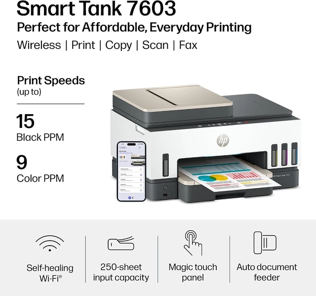 Alt view image 3 of 7 - Smart Tank 7603 Wireless All-in-One Ink Tank Printer with Fax & Copier, up to 3 Years of Ink Included, Best for Home Office, Cartridge-Free Refillable, AI-Capable (9B5D1A)