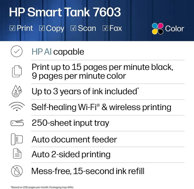 Alt view image 6 of 7 - Smart Tank 7603 Wireless All-in-One Ink Tank Printer with Fax & Copier, up to 3 Years of Ink Included, Best for Home Office, Cartridge-Free Refillable, AI-Capable (D34F7A)