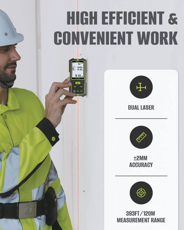 Alt view image 2 of 7 - Dual Laser Measurement Tool, 393Ft/120M Bilateral Laser Distance Meter, Rechargeable with Ft/in/M Units, Angle Sensor, Pythagorean Mode, Area & Volume