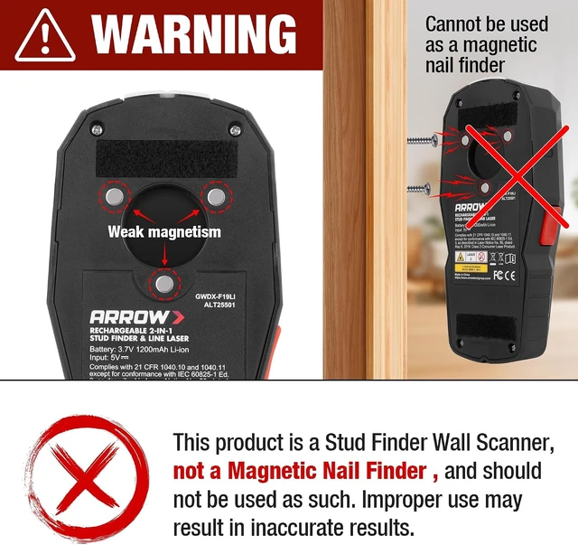 Alt view image 3 of 7 - ARROW 2-in-1 Stud Finder with Laser Level, Rechargeable Wall Stud
