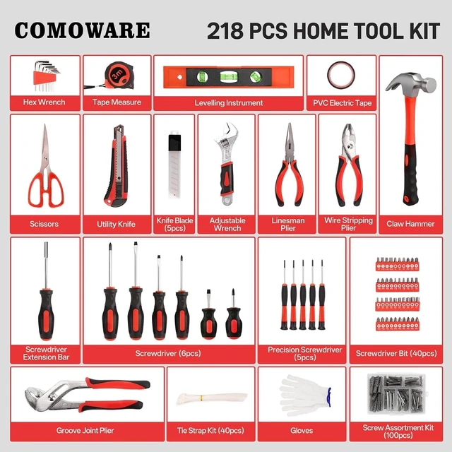 Alt view image 2 of 7 - 218 Pcs Basic Tool Set for Home with Storage Tool Bag, Red