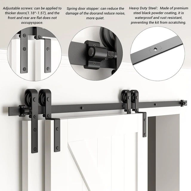 Alt view image 2 of 7 - 6FT Bypass Sliding Barn Door Hardware Kit, Combination Track Mode, Single Track for Double Wooden Doors, Fits 70" Door Opening (6 Feet)