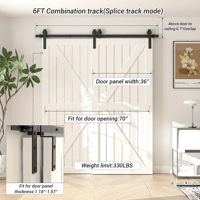 Alt view image 3 of 7 - 6FT Bypass Sliding Barn Door Hardware Kit, Combination Track Mode, Single Track for Double Wooden Doors, Fits 70" Door Opening (6 Feet)