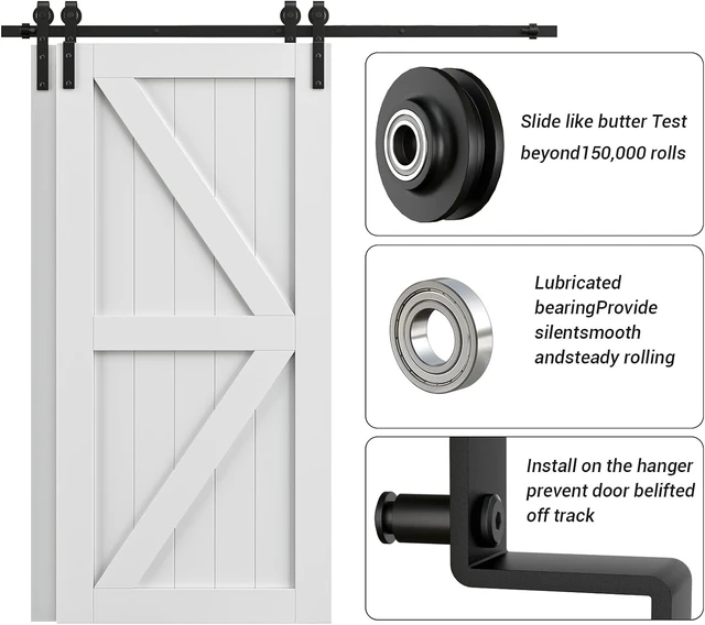 Alt view image 4 of 7 - 6FT Bypass Sliding Barn Door Hardware Kit, Combination Track Mode, Single Track for Double Wooden Doors, Fits 70" Door Opening (6 Feet)