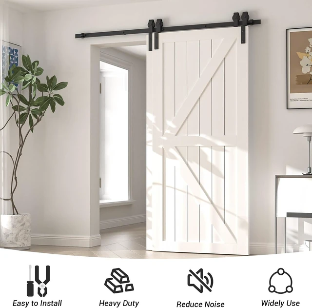 Alt view image 6 of 7 - 6FT Bypass Sliding Barn Door Hardware Kit, Combination Track Mode, Single Track for Double Wooden Doors, Fits 70" Door Opening (6 Feet)