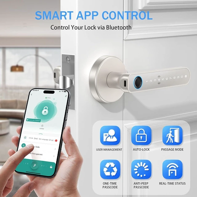 Alt view image 4 of 7 - Fingerprint Smart Door Handle with Keypad, Biometric Door Knob for Bedroom & Home Office
