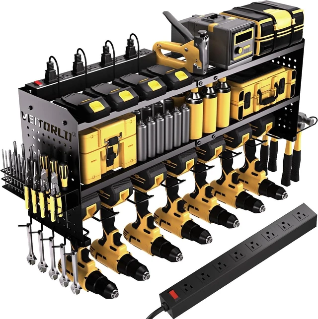 Main image of Large Power Tool Organizer with Charging Station, 3 Layer Heavy Duty Modular Wall Mount Rack, 9 Drill Holders, 8-Outlet Power Strip for Garage Workshop