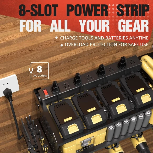 Alt view image 2 of 6 - Large Power Tool Organizer with Charging Station, 3 Layer Heavy Duty Modular Wall Mount Rack, 9 Drill Holders, 8-Outlet Power Strip for Garage Workshop
