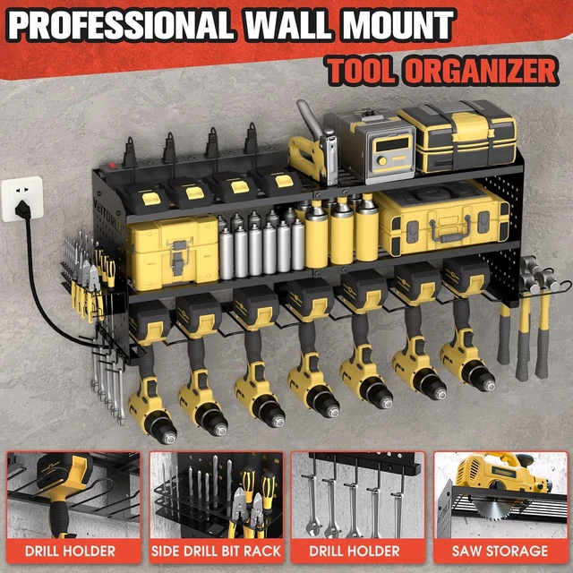 Alt view image 4 of 6 - Large Power Tool Organizer with Charging Station, 3 Layer Heavy Duty Modular Wall Mount Rack, 9 Drill Holders, 8-Outlet Power Strip for Garage Workshop