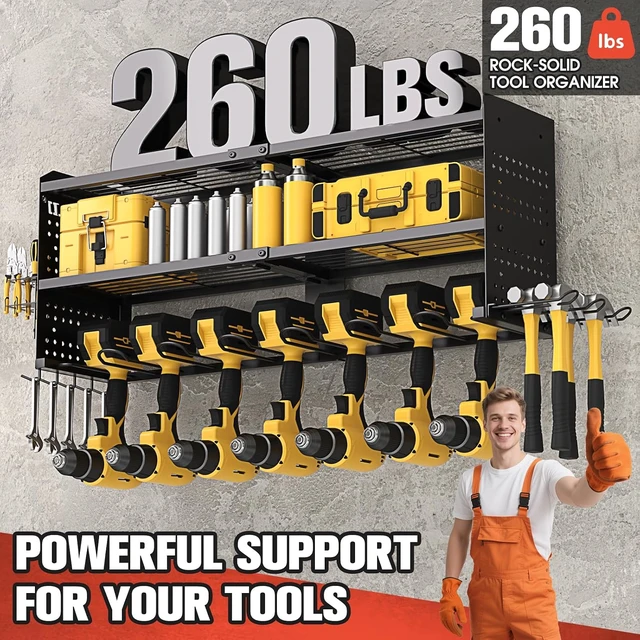 Alt view image 5 of 6 - Large Power Tool Organizer with Charging Station, 3 Layer Heavy Duty Modular Wall Mount Rack, 9 Drill Holders, 8-Outlet Power Strip for Garage Workshop