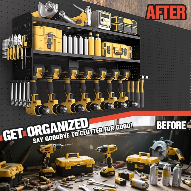 Alt view image 6 of 6 - Large Power Tool Organizer with Charging Station, 3 Layer Heavy Duty Modular Wall Mount Rack, 9 Drill Holders, 8-Outlet Power Strip for Garage Workshop