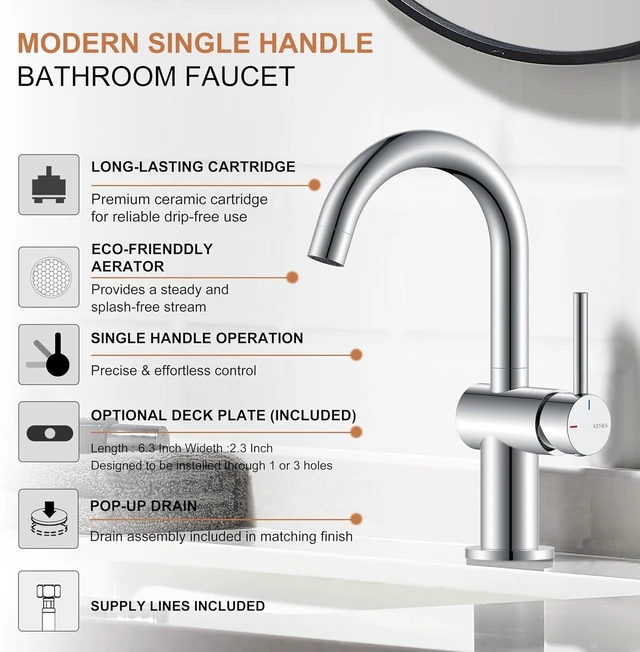 Alt view image 3 of 7 - Single-Handle Polished Chrome Vanity Faucet, 1-Hole Bathroom Faucet