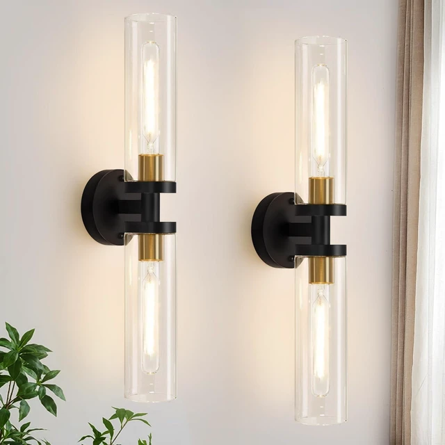 Main image of 22" Black & Gold Hardwired Bathroom Wall Sconces, Set of 2 Modern Clear Glass Light Fixtures for Bathroom Mirror, Living Room, Hallway, Bedroom