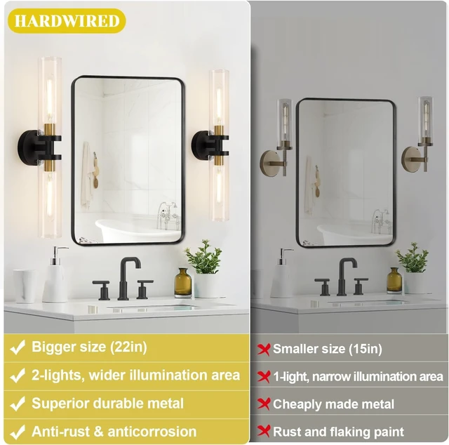Alt view image 2 of 7 - 22" Black & Gold Hardwired Bathroom Wall Sconces, Set of 2 Modern Clear Glass Light Fixtures for Bathroom Mirror, Living Room, Hallway, Bedroom