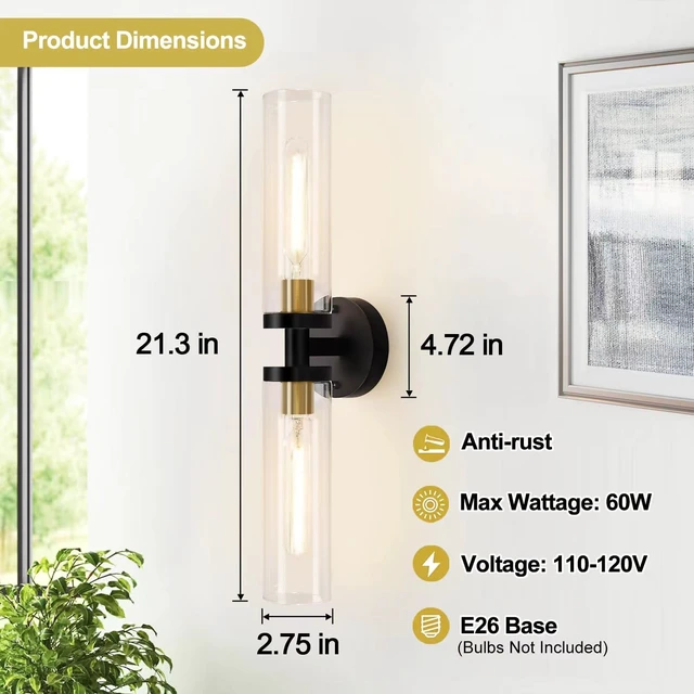 Alt view image 4 of 7 - 22" Black & Gold Hardwired Bathroom Wall Sconces, Set of 2 Modern Clear Glass Light Fixtures for Bathroom Mirror, Living Room, Hallway, Bedroom