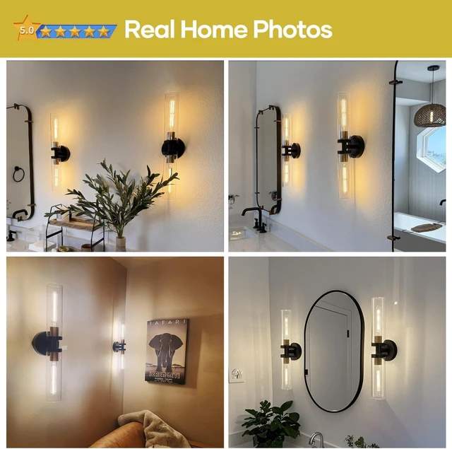 Alt view image 5 of 7 - 22" Black & Gold Hardwired Bathroom Wall Sconces, Set of 2 Modern Clear Glass Light Fixtures for Bathroom Mirror, Living Room, Hallway, Bedroom
