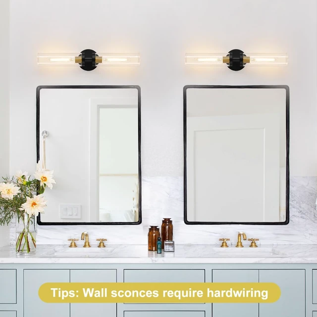 Alt view image 6 of 7 - 22" Black & Gold Hardwired Bathroom Wall Sconces, Set of 2 Modern Clear Glass Light Fixtures for Bathroom Mirror, Living Room, Hallway, Bedroom