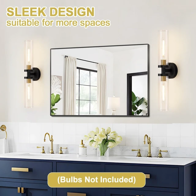 Alt view image 7 of 7 - 22" Black & Gold Hardwired Bathroom Wall Sconces, Set of 2 Modern Clear Glass Light Fixtures for Bathroom Mirror, Living Room, Hallway, Bedroom