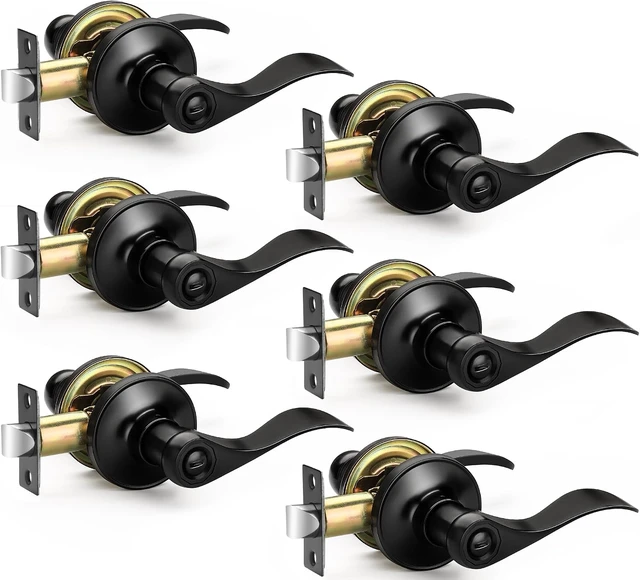 Main image of Matte Black Privacy Door Levers, Wave Style Door Knobs, 6-Pack