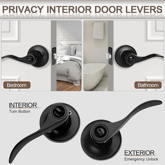 Alt view image 2 of 7 - Matte Black Privacy Door Levers, Wave Style Door Knobs, 6-Pack