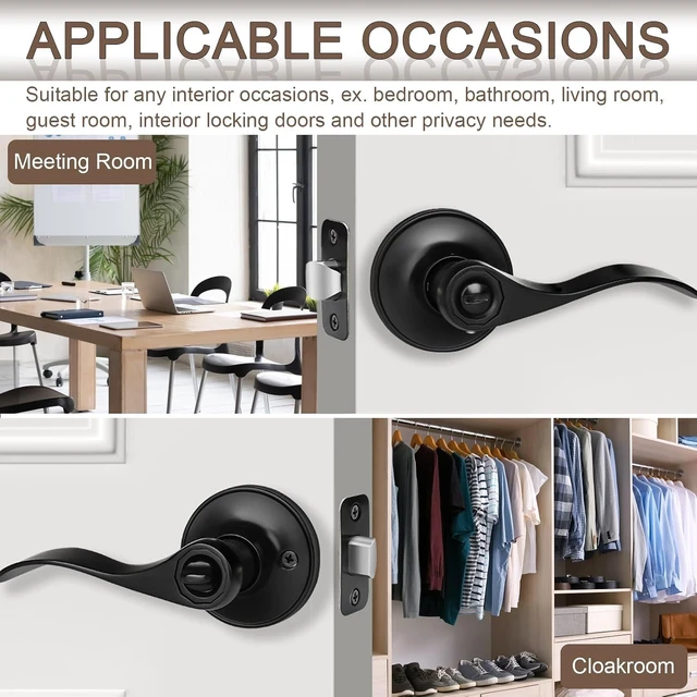 Alt view image 6 of 7 - Matte Black Privacy Door Levers, Wave Style Door Knobs, 6-Pack