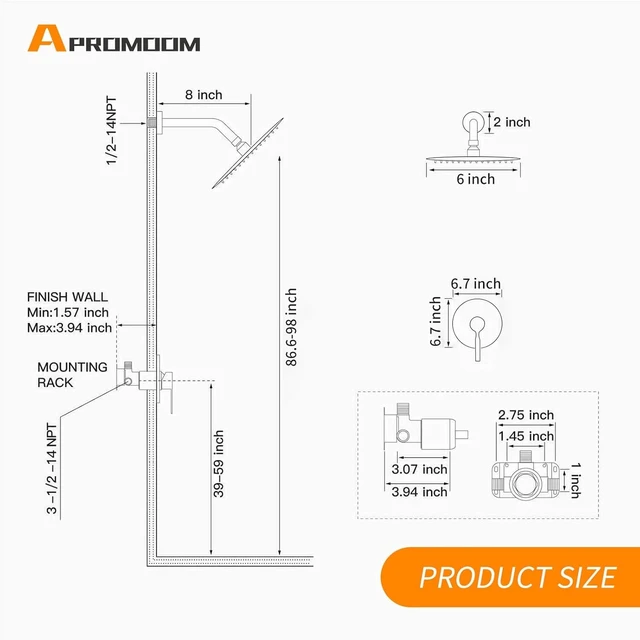 Alt view image 6 of 6 - 6 Inch High Pressure Rain Shower Head & Faucet Set with Valve, Complete Shower Fixtures Trim Kit, Modern Regaderas Para Baño, Black