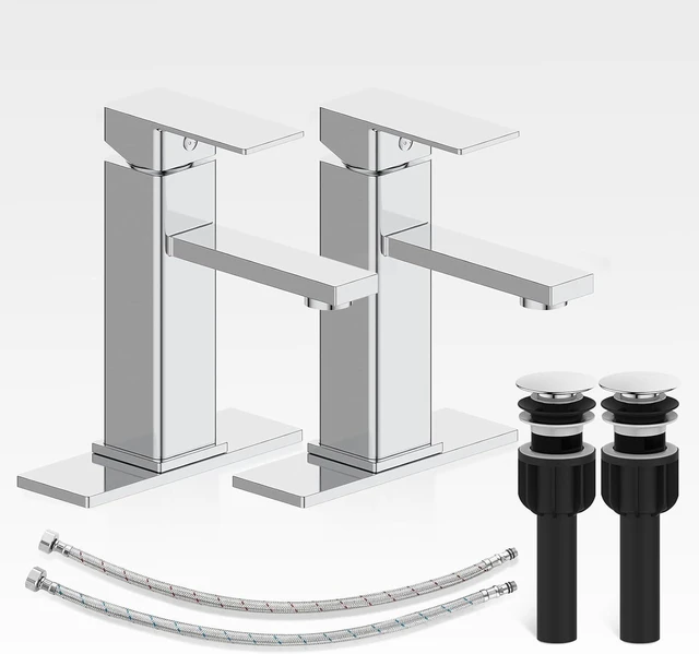 Main image of Single Handle Stainless Steel Bathroom Sink Faucet, 3-Hole Vanity Faucet with Pop-Up Drain & Deck Plate, 2 Sets (Chrome)