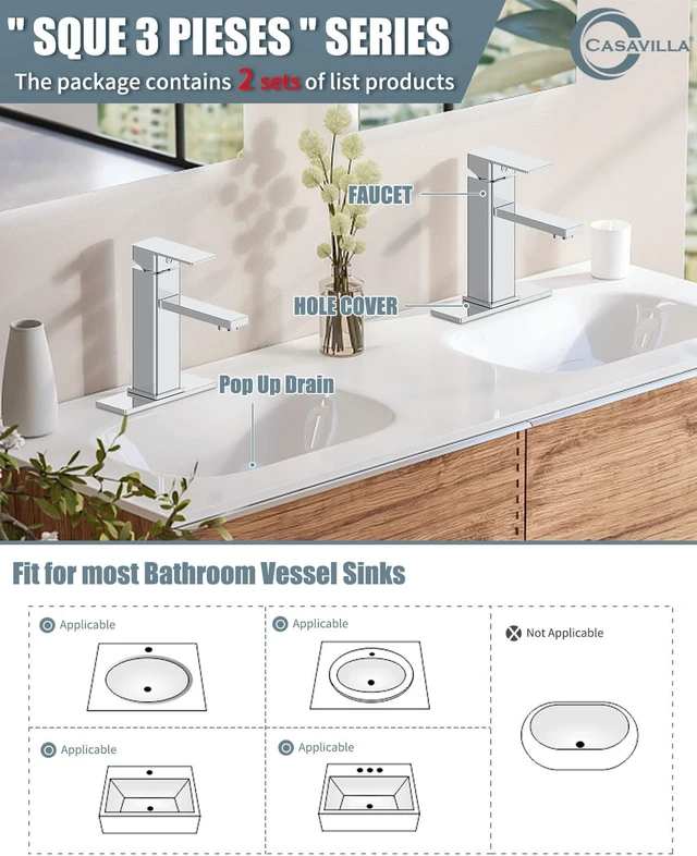 Alt view image 2 of 7 - Single Handle Stainless Steel Bathroom Sink Faucet, 3-Hole Vanity Faucet with Pop-Up Drain & Deck Plate, 2 Sets (Chrome)