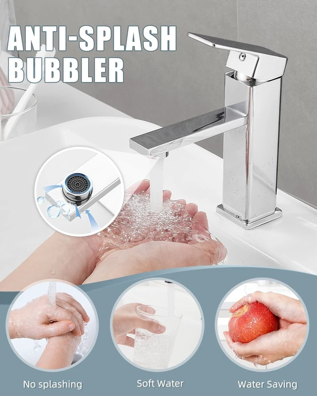 Alt view image 3 of 7 - Single Handle Stainless Steel Bathroom Sink Faucet, 3-Hole Vanity Faucet with Pop-Up Drain & Deck Plate, 2 Sets (Chrome)