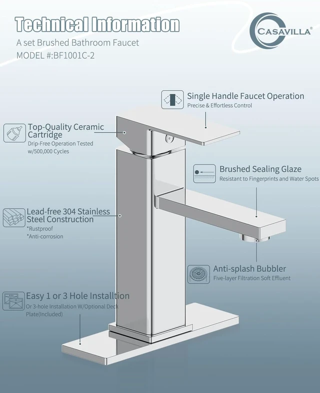 Alt view image 7 of 7 - Single Handle Stainless Steel Bathroom Sink Faucet, 3-Hole Vanity Faucet with Pop-Up Drain & Deck Plate, 2 Sets (Chrome)