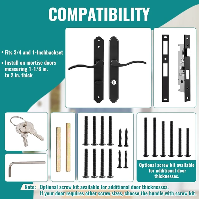Alt view image 2 of 7 - Flat Slot Storm Door Handle Set with Mortise Keyed Lever Latch & Deadbolt for Screen & Storm Doors (Matte Black)