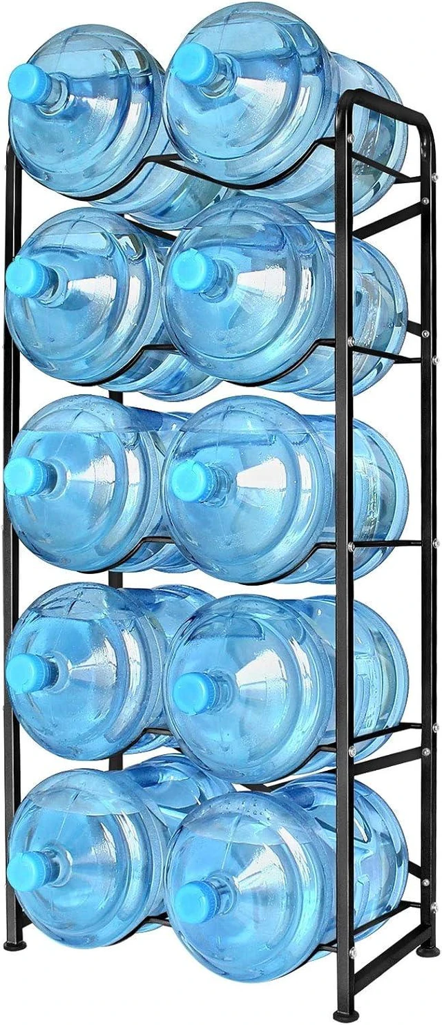 Main image of 5-Tier Heavy-Duty Water Cooler Jug Rack, Holds 10 Five-Gallon Bottles with Reinforcement Frame for Kitchen & Office (Black)