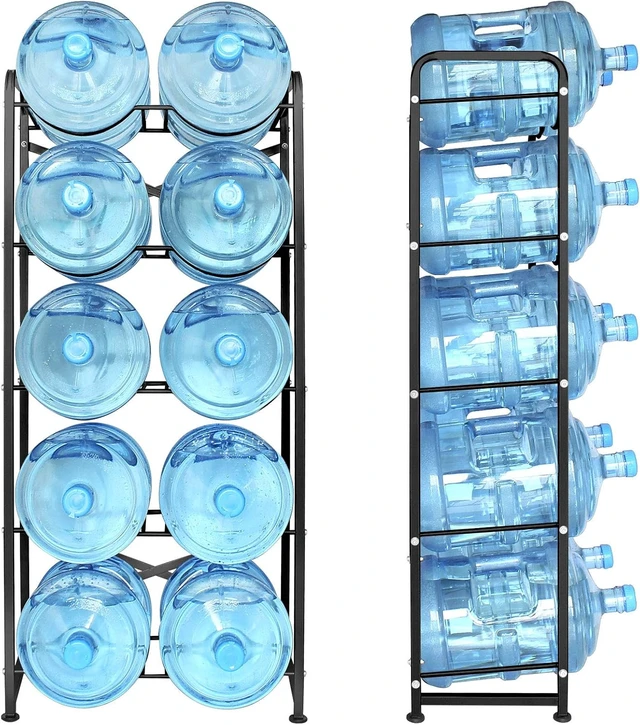 Alt view image 3 of 7 - 5-Tier Heavy-Duty Water Cooler Jug Rack, Holds 10 Five-Gallon Bottles with Reinforcement Frame for Kitchen & Office (Black)