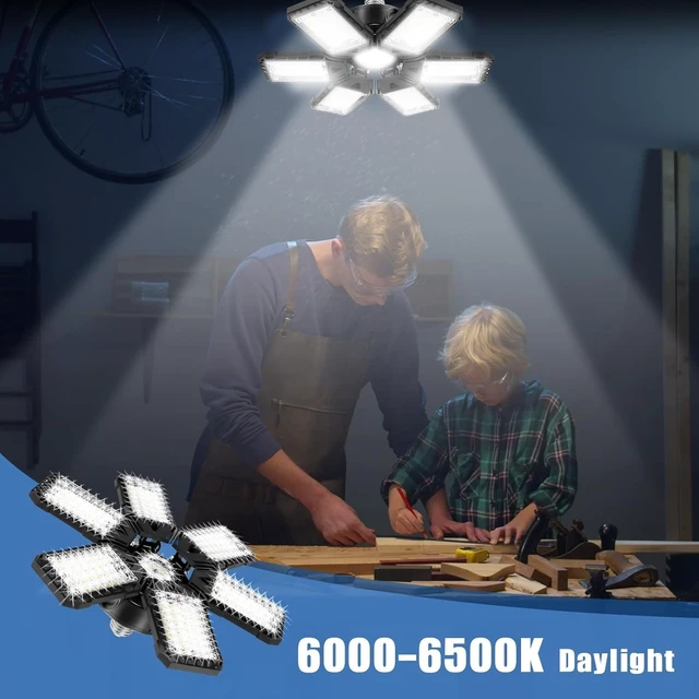 Alt view image 6 of 7 - 180W 18000LM 6500K LED Garage Lights, 4-Pack 6+1 Deformable Panel Shop Light, E26/E27 for Garages, Warehouse, Basement & Barn