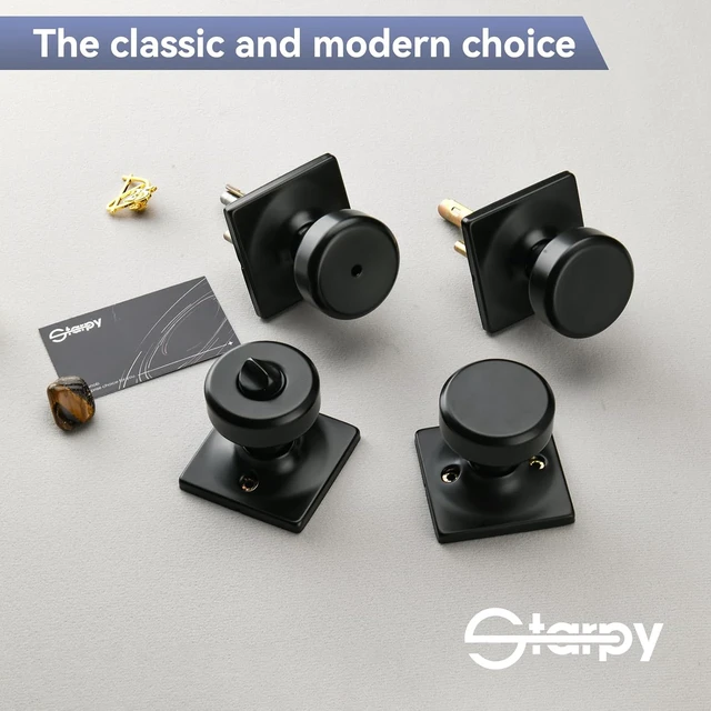 Alt view image 6 of 6 - Black Privacy Door Knobs with Square Rosette, 6-Pack