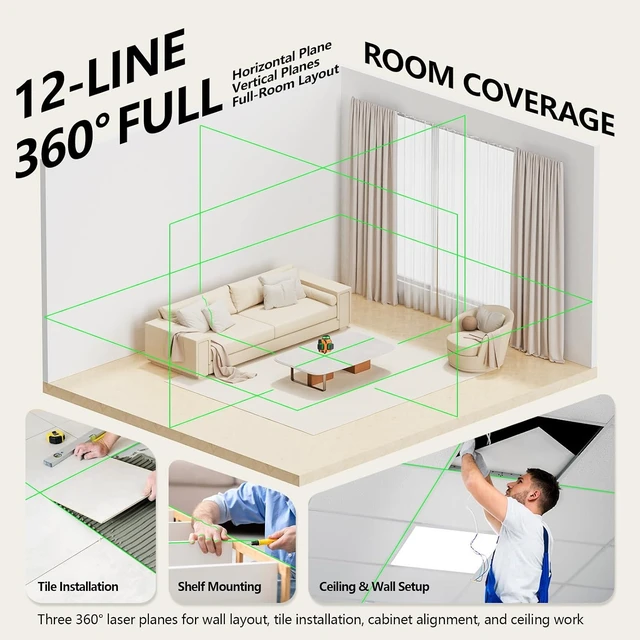 Alt view image 5 of 7 - 3x360° Pro Grade Laser Level, 2-Second Self Leveling with Tripod