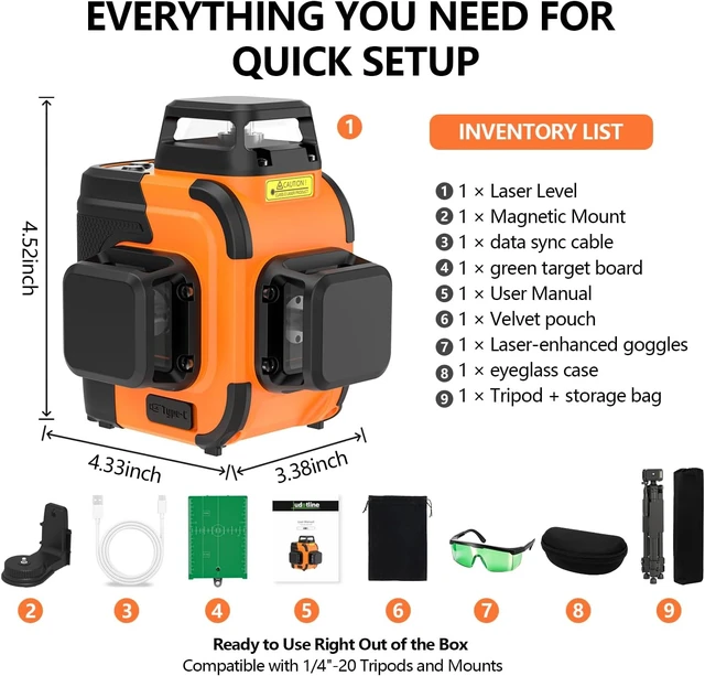 Alt view image 6 of 7 - 3x360° Pro Grade Laser Level, 2-Second Self Leveling with Tripod