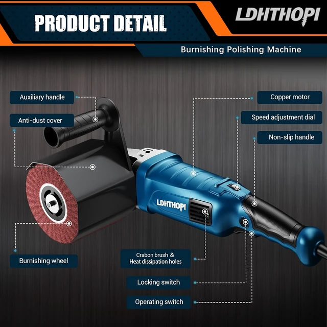 Alt view image 6 of 7 - 1800W Handheld Electric Burnishing Polisher, 110V 8 Variable Speeds, 3100RPM for Metal, Stainless Steel & Wood