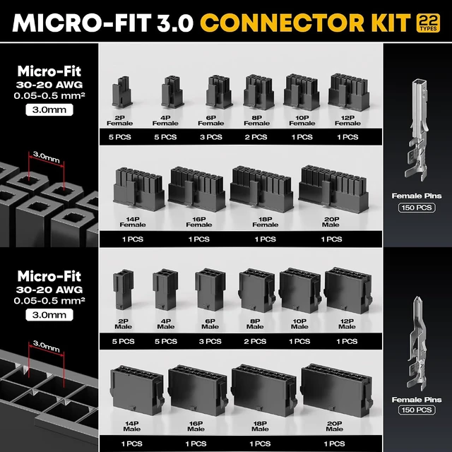 Alt view image 3 of 7 - Micro-Fit 3.0 Ratcheting Crimper Kit, 22 Types 220 Pin 3.0mm Connectors for 3020 AWG, with Pin Extractors, Molex-Compatible