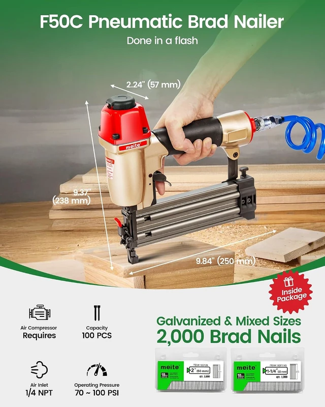 Alt view image 2 of 7 - F50C Pneumatic 18 Gauge Brad Nailer with 2000 Nails (1-1/4", 2"), Air Finish Nail Gun for Trim, Fires 5/8" to 2" Brads