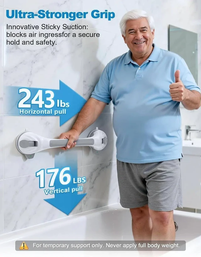 Alt view image 4 of 7 - 16.7" Suction Cup Shower Grab Bars for Seniors, 2-Pack (Grey)
