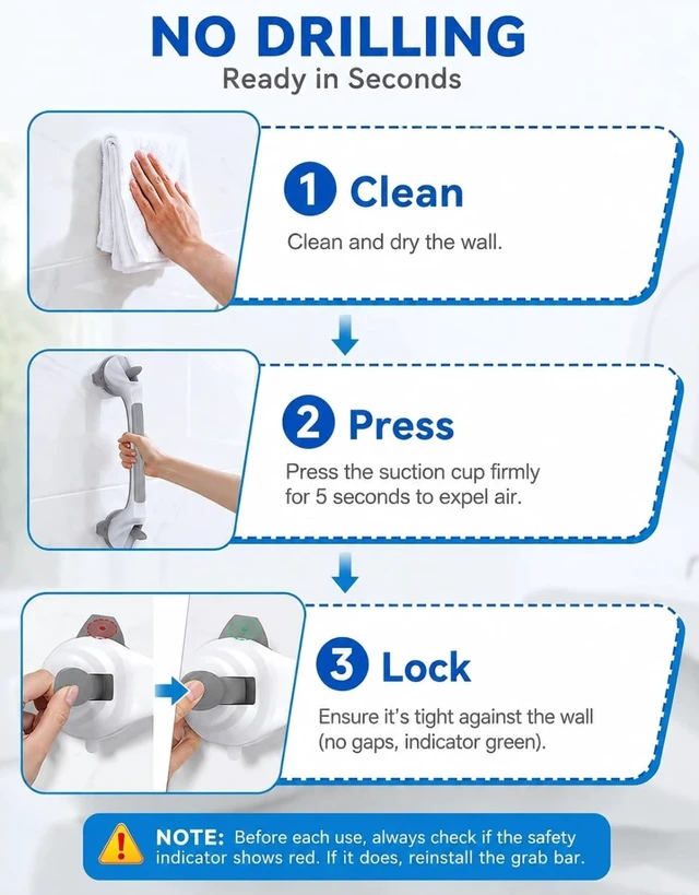 Alt view image 6 of 7 - 16.7" Suction Cup Shower Grab Bars for Seniors, 2-Pack (Grey)