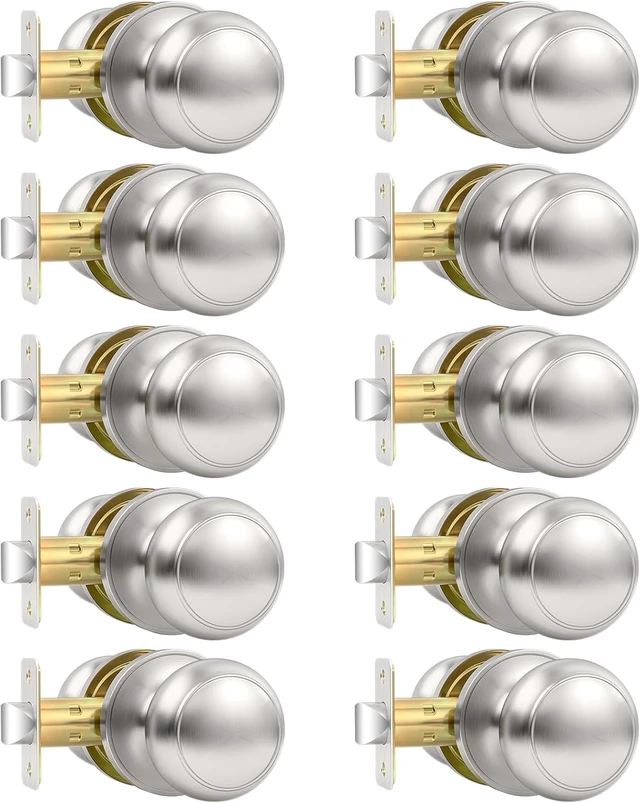 Main image of Brushed Nickel Round Passage Door Knobs, Non-Locking Keyless Handles for Hallway & Closet, 10-Pack