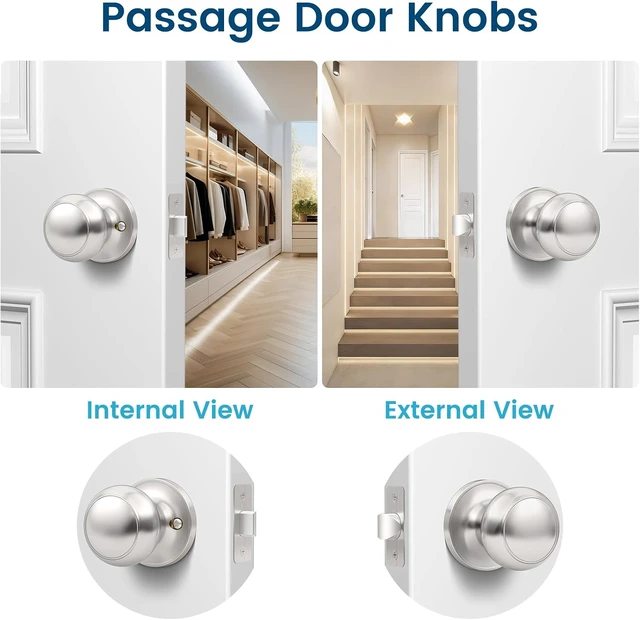 Alt view image 2 of 7 - Brushed Nickel Round Passage Door Knobs, Non-Locking Keyless Handles for Hallway & Closet, 10-Pack