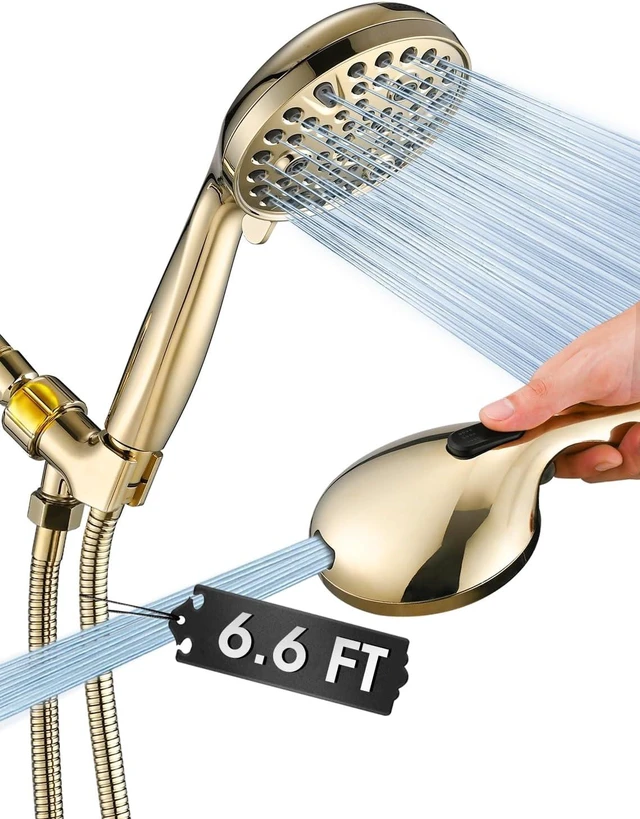 Main image of High Pressure Handheld Shower Head with 10 Settings, 5" Detachable Spray with Power Wash, 79" Stainless Steel Hose (Gold)
