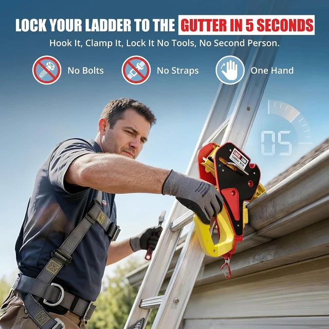 Alt view image 2 of 7 - Lock Jaw Roof Ladder Stabilizer Hook for Gutter Slide-Lock Standoff in 5 Seconds, Prevents Ladder Movement & Falls